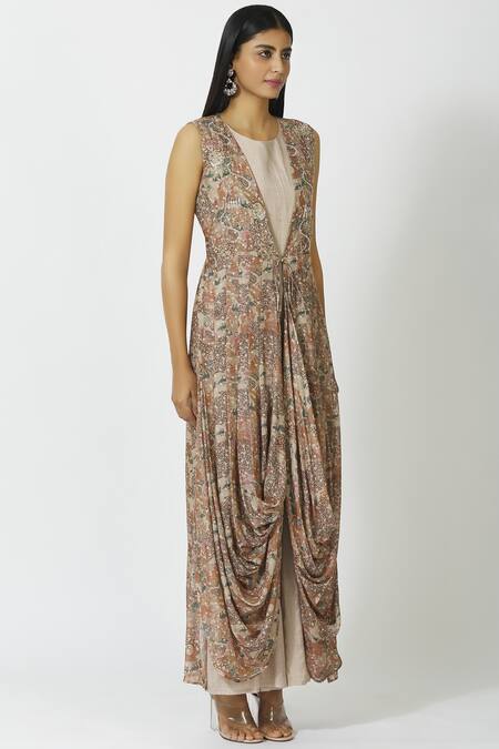 17:17 By Simmi Saboo_Beige Cotton Silk Embellished Jumpsuit With Jacket_Online_at_Aza_Fashions