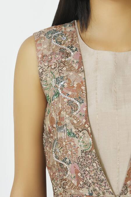 17:17 By Simmi Saboo_Beige Cotton Silk Embellished Jumpsuit With Jacket_at_Aza_Fashions