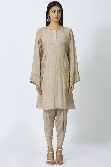 17:17 By Simmi Saboo_Beige Cotton Silk Round Embellished Kurta Dhoti Pant Set_Online_at_Aza_Fashions