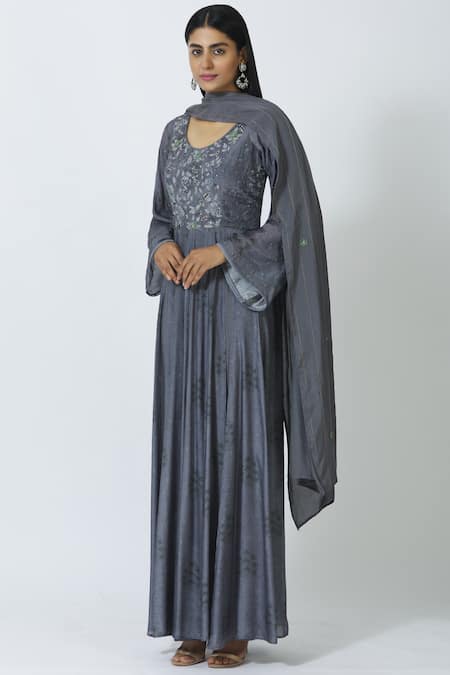 17:17 By Simmi Saboo Grey Cotton Silk Round Embellished Anarkali Set