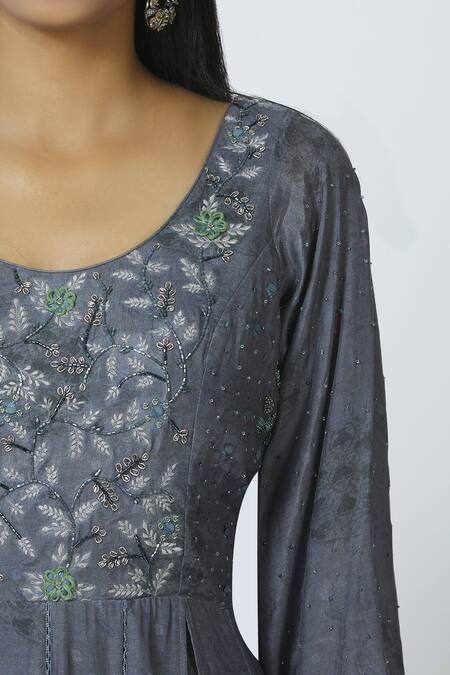 17:17 By Simmi Saboo Grey Cotton Silk Round Embellished Anarkali Set at Aza Fashions 17:17 By Simmi Saboo_Grey Cotton Silk Round Embellished Anarkali Set _at_Aza_Fashions