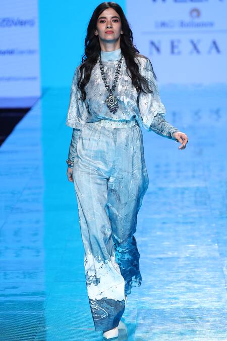 Mishru_Blue Dupion Printed Pant Set_Online_at_Aza_Fashions