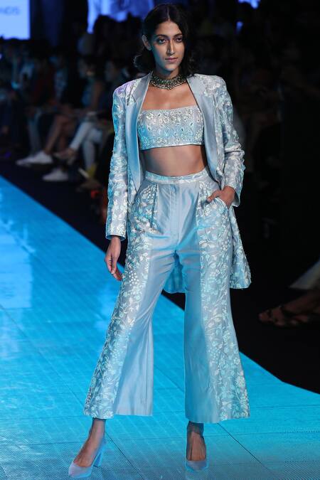 Mishru_Blue Chanderi Pant Set_Online_at_Aza_Fashions