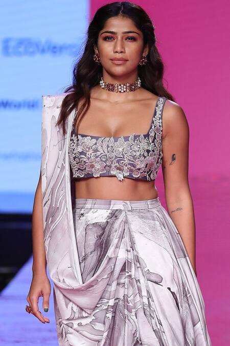 Mishru_Purple Printed Pre-draped Saree With Blouse_Online_at_Aza_Fashions