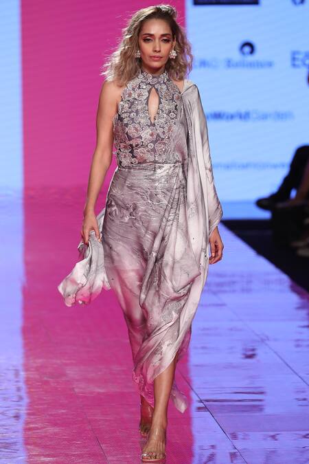 Mishru_Purple Satin Chanderi Pre-draped Saree With Blouse_Online_at_Aza_Fashions