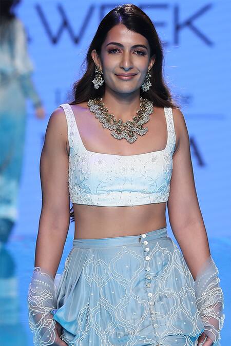 Mishru Blue Chanderi Silk Square Neck Skirt Set Online at Aza Fashions Mishru_Blue Chanderi Silk Square Neck Skirt Set _Online_at_Aza_Fashions