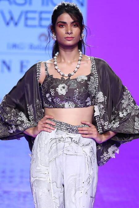 Mishru_Grey Silk Kimono Pant Set_Online_at_Aza_Fashions