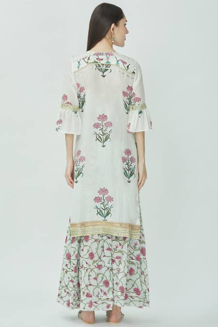 Shop Kunwarani Ritu White Cotton Split Printed Kurta Sharara Set at Aza Fashions Shop_Kunwarani Ritu_White Cotton Split Printed Kurta Sharara Set _at_Aza_Fashions