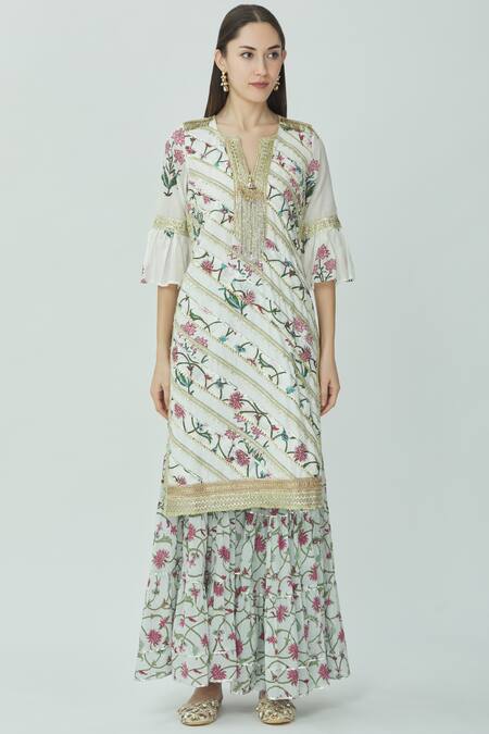 Buy Kunwarani Ritu White Cotton Split Printed Kurta Sharara Set Online at Aza Fashions Buy_Kunwarani Ritu_White Cotton Split Printed Kurta Sharara Set _Online_at_Aza_Fashions