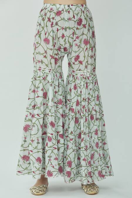 Shop Kunwarani Ritu White Cotton Split Printed Kurta Sharara Set Online at Aza Fashions Shop_Kunwarani Ritu_White Cotton Split Printed Kurta Sharara Set _Online_at_Aza_Fashions