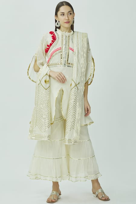 Kunwarani Ritu White Mulmul Round Embroidered Kurta Sharara Set  