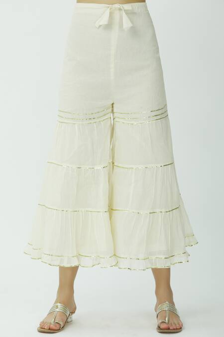 Shop Kunwarani Ritu White Mulmul Round Embroidered Kurta Sharara Set Online at Aza Fashions Shop_Kunwarani Ritu_White Mulmul Round Embroidered Kurta Sharara Set _Online_at_Aza_Fashions