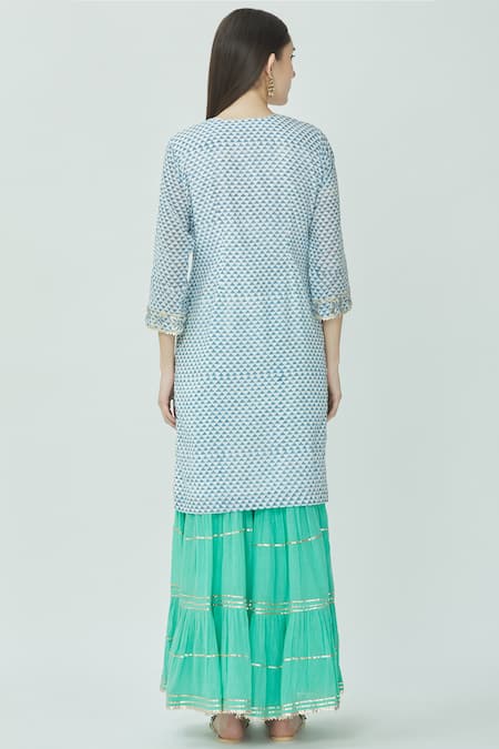 Shop Kunwarani Ritu Blue Cotton Round Printed Kurta Sharara Set at Aza Fashions Shop_Kunwarani Ritu_Blue Cotton Round Printed Kurta Sharara Set _at_Aza_Fashions