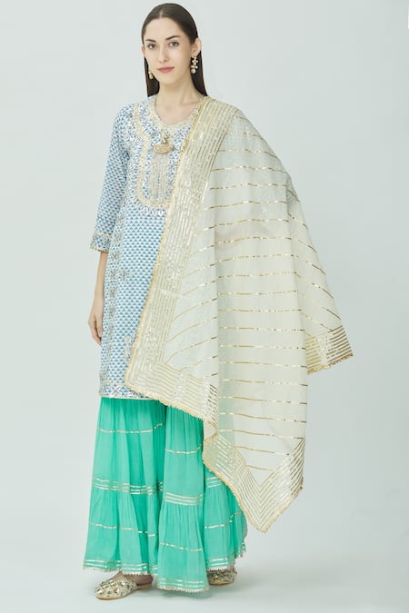 Kunwarani Ritu Blue Cotton Round Printed Kurta Sharara Set Online at Aza Fashions Kunwarani Ritu_Blue Cotton Round Printed Kurta Sharara Set _Online_at_Aza_Fashions