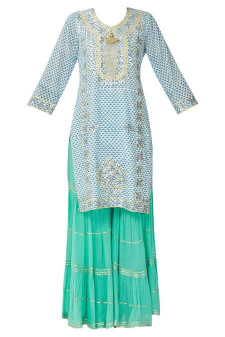 Buy Kunwarani Ritu Blue Cotton Round Printed Kurta Sharara Set Online at Aza Fashions Buy_Kunwarani Ritu_Blue Cotton Round Printed Kurta Sharara Set _Online_at_Aza_Fashions