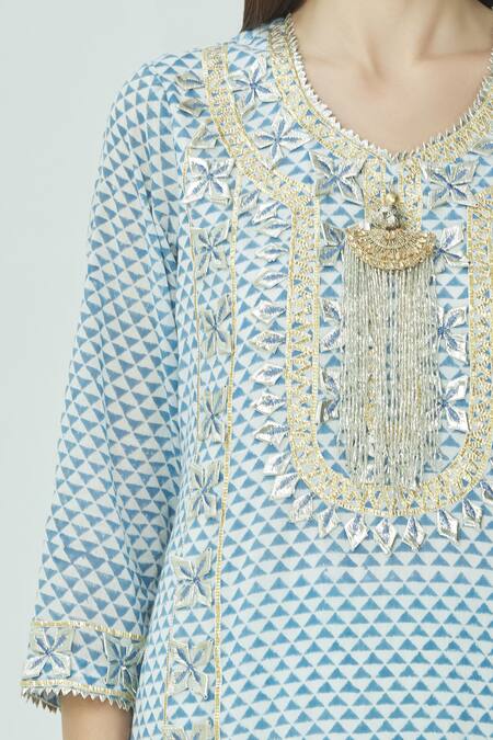 Kunwarani Ritu Blue Cotton Round Printed Kurta Sharara Set at Aza Fashions Kunwarani Ritu_Blue Cotton Round Printed Kurta Sharara Set _at_Aza_Fashions