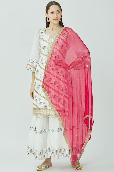 Kunwarani Ritu_White Cotton Split Printed Kurta Sharara Set  _Online_at_Aza_Fashions