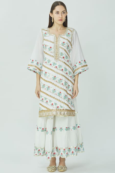 Buy_Kunwarani Ritu_White Cotton Split Printed Kurta Sharara Set  _Online_at_Aza_Fashions