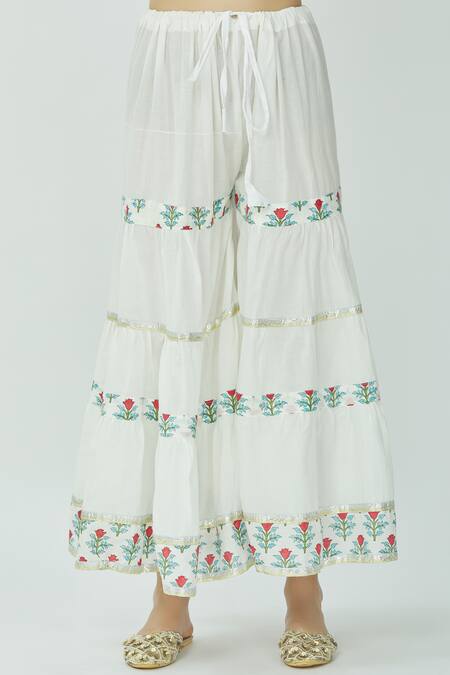 Shop_Kunwarani Ritu_White Cotton Split Printed Kurta Sharara Set  _Online_at_Aza_Fashions