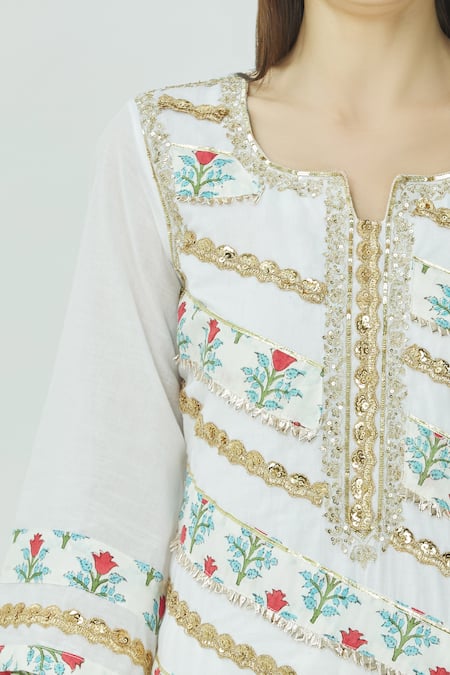 Kunwarani Ritu_White Cotton Split Printed Kurta Sharara Set  _at_Aza_Fashions