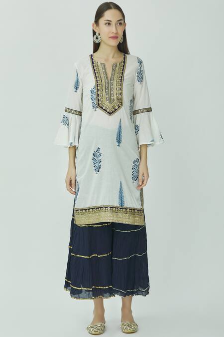 Buy Kunwarani Ritu White Mulmul Notched Embellished Kurta Sharara Set Online at Aza Fashions Buy_Kunwarani Ritu_White Mulmul Notched Embellished Kurta Sharara Set _Online_at_Aza_Fashions