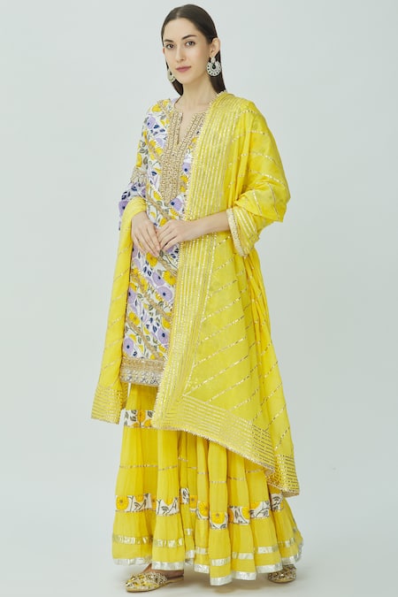 Kunwarani Ritu Yellow Mulmul Notched Embellished Kurta Sharara Set