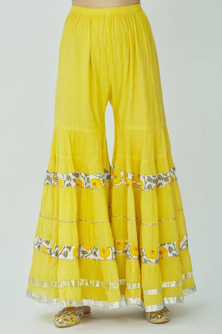 Shop_Kunwarani Ritu_Yellow Mulmul Notched Embellished Kurta Sharara Set  _Online_at_Aza_Fashions