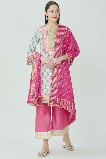 Kunwarani Ritu White Mulmul Split Printed Kurta Palazzo Set