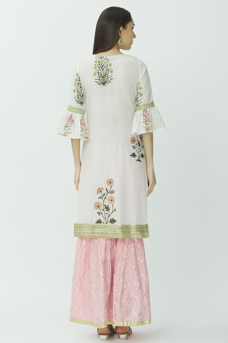 Shop Kunwarani Ritu Pink Muslin Round Printed Kurta Sharara Set at Aza Fashions Shop_Kunwarani Ritu_Pink Muslin Round Printed Kurta Sharara Set _at_Aza_Fashions
