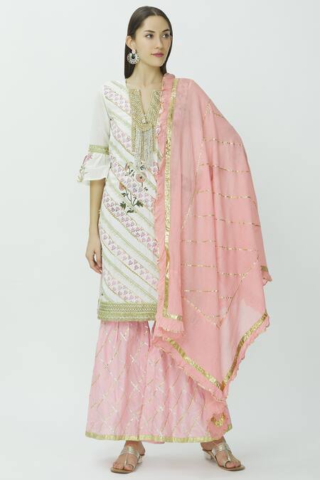 Kunwarani Ritu Pink Muslin Round Printed Kurta Sharara Set Online at Aza Fashions Kunwarani Ritu_Pink Muslin Round Printed Kurta Sharara Set _Online_at_Aza_Fashions