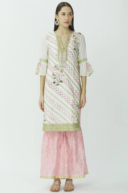 Buy Kunwarani Ritu Pink Muslin Round Printed Kurta Sharara Set Online at Aza Fashions Buy_Kunwarani Ritu_Pink Muslin Round Printed Kurta Sharara Set _Online_at_Aza_Fashions