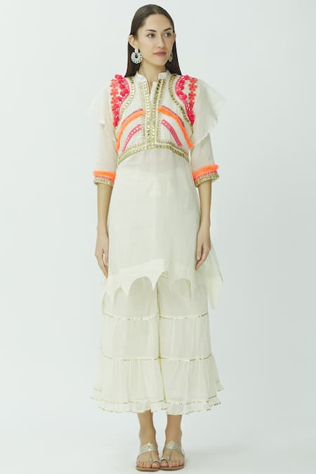 Buy_Kunwarani Ritu_White Mulmul Band Collar Embroidered Kurta Sharara Set  _Online_at_Aza_Fashions