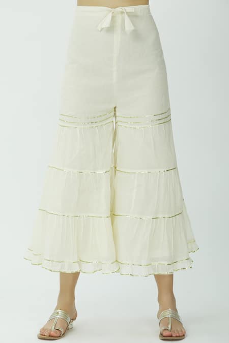 Shop_Kunwarani Ritu_White Mulmul Band Collar Embroidered Kurta Sharara Set  _Online_at_Aza_Fashions