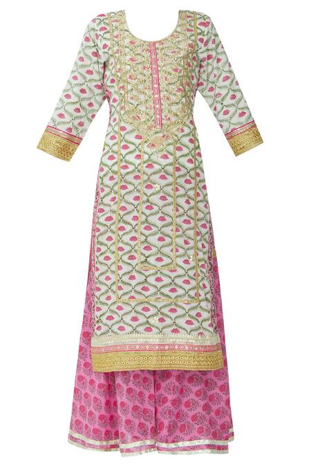 Buy_Kunwarani Ritu_White Cotton Round Printed Kurta Sharara Set  _Online_at_Aza_Fashions