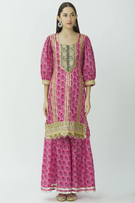 Buy_Kunwarani Ritu_Pink Cotton U Neck Printed Kurta Sharara Set  _Online_at_Aza_Fashions