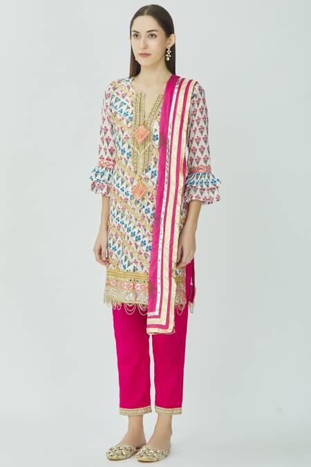 Kunwarani Ritu_White Cotton Split Printed Kurta Set  _Online_at_Aza_Fashions