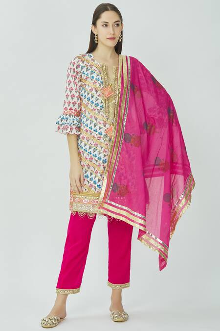 Buy_Kunwarani Ritu_White Cotton Split Printed Kurta Set  _Online_at_Aza_Fashions