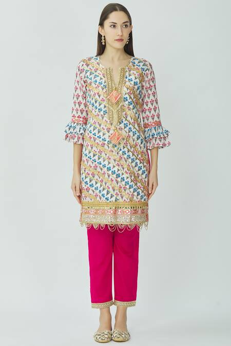 Shop_Kunwarani Ritu_White Cotton Split Printed Kurta Set  _Online_at_Aza_Fashions