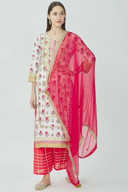 Kunwarani Ritu_White Cotton Round Printed Kurta Set  _Online_at_Aza_Fashions