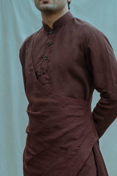 Bohame_Brown Cotton Linen Kurta Set_Online_at_Aza_Fashions