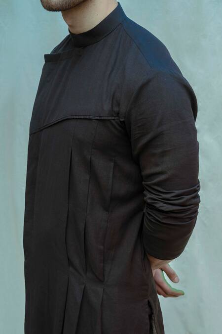 Bohame_Black Linen Cotton Kurta Set_Online_at_Aza_Fashions