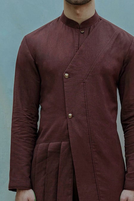 Bohame_Brown Linen Cotton Kurta Set _Online_at_Aza_Fashions