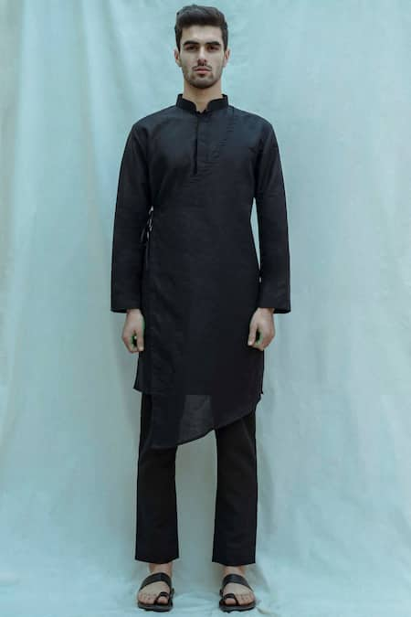 Bohame Black Linen Cotton Kurta Set 