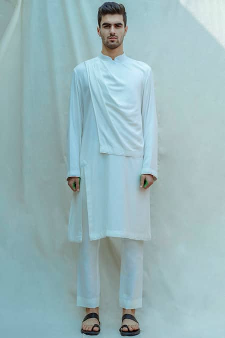 Bohame White Tencel Overlap Kurta Set 