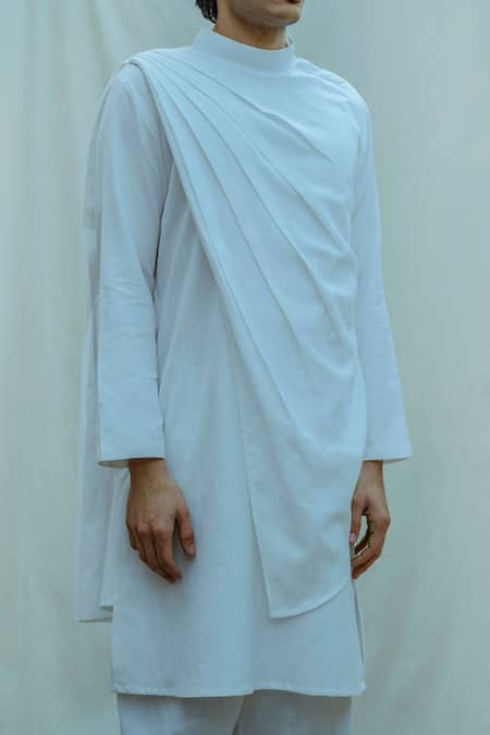 Bohame_White Linen Cotton Draped Kurta Set_Online_at_Aza_Fashions