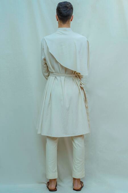 Shop Bohame White Linen Cotton Draped Kurta Set at Aza Fashions Shop_Bohame_White Linen Cotton Draped Kurta Set_at_Aza_Fashions