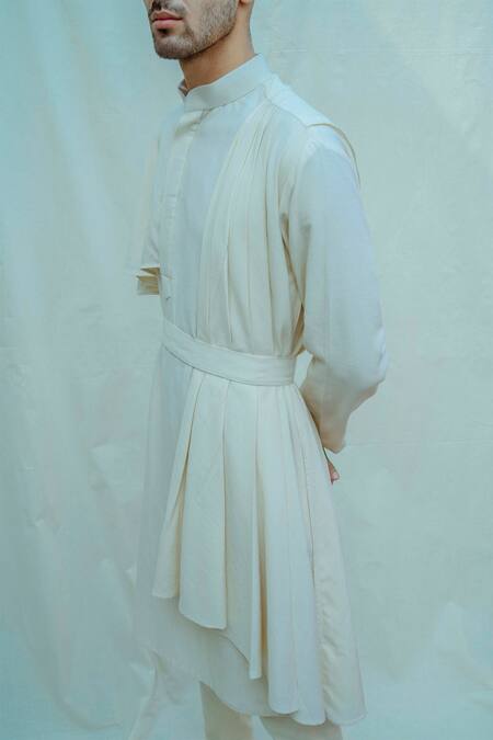 Bohame White Linen Cotton Draped Kurta Set Online at Aza Fashions Bohame_White Linen Cotton Draped Kurta Set_Online_at_Aza_Fashions