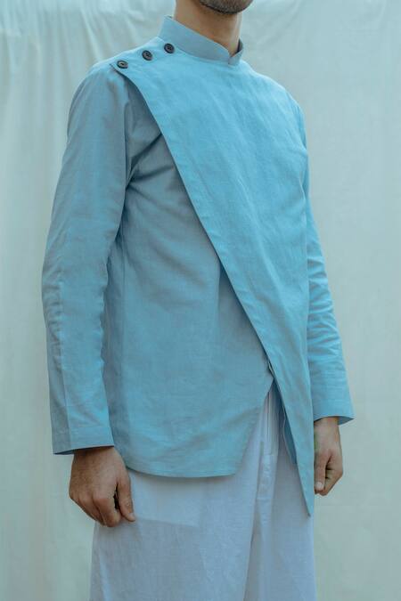 Bohame_Blue Cotton Linen Overlap Kurta Set_Online_at_Aza_Fashions