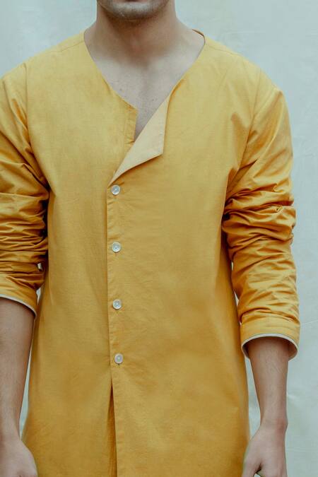 Bohame_Yellow Cotton Linen Asymmetrical Kurta Set_Online_at_Aza_Fashions