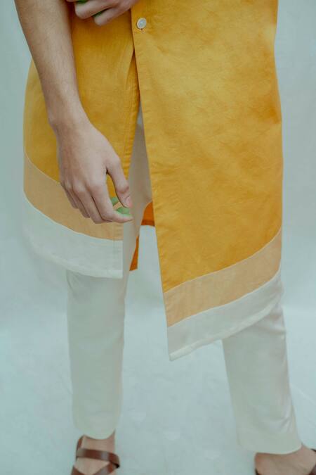 Buy_Bohame_Yellow Cotton Linen Asymmetrical Kurta Set_Online_at_Aza_Fashions